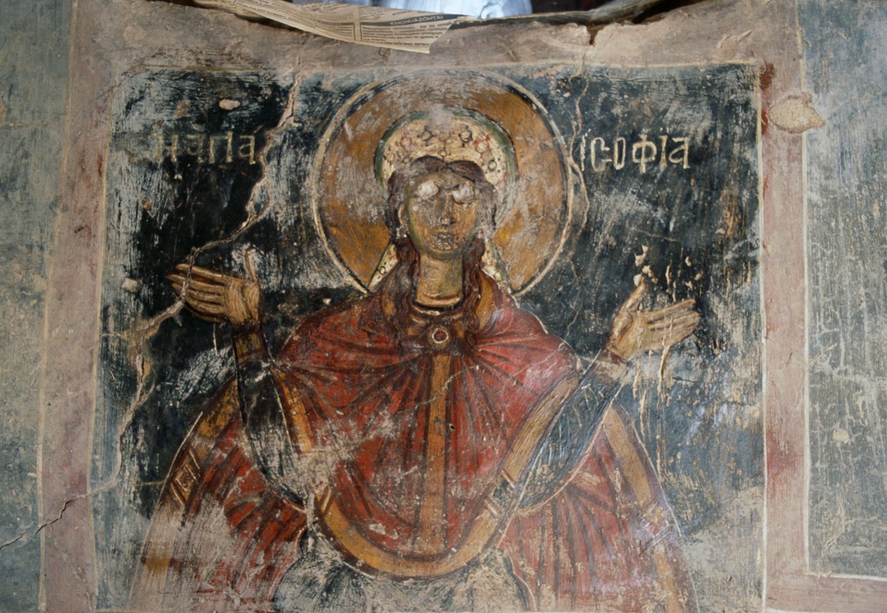 Santo, paredes afresco na Igreja de Agios Georgios, Komitades, Creta, Grécia (foto) de J.B. and Brown J. Rowbotham