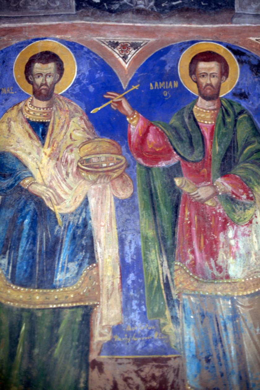 Santos Cosmas e Damião, Mosteiro de Megalo Sotiris, ilha de Symi, Grécia (foto) de J.B. and Brown J. Rowbotham