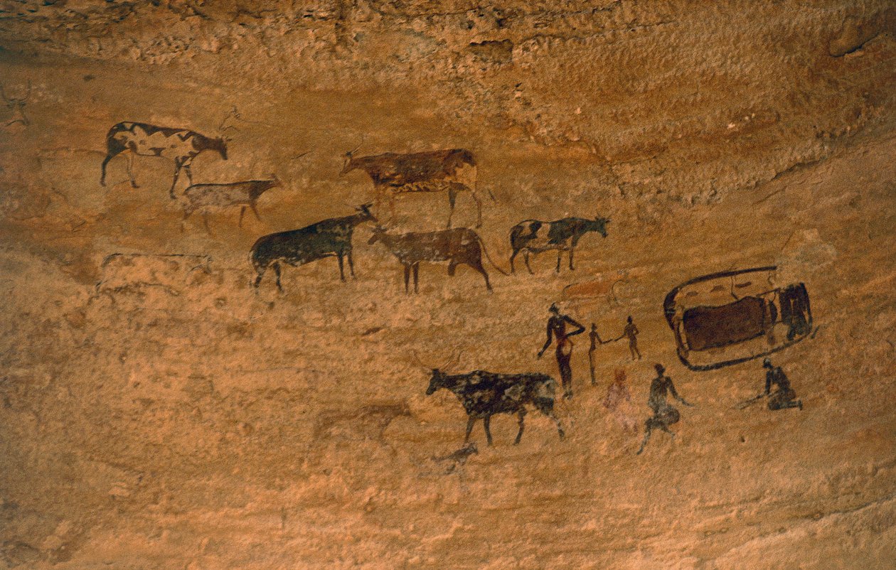 Cena da vida diária com o gado, arte rupestre, Tassili n