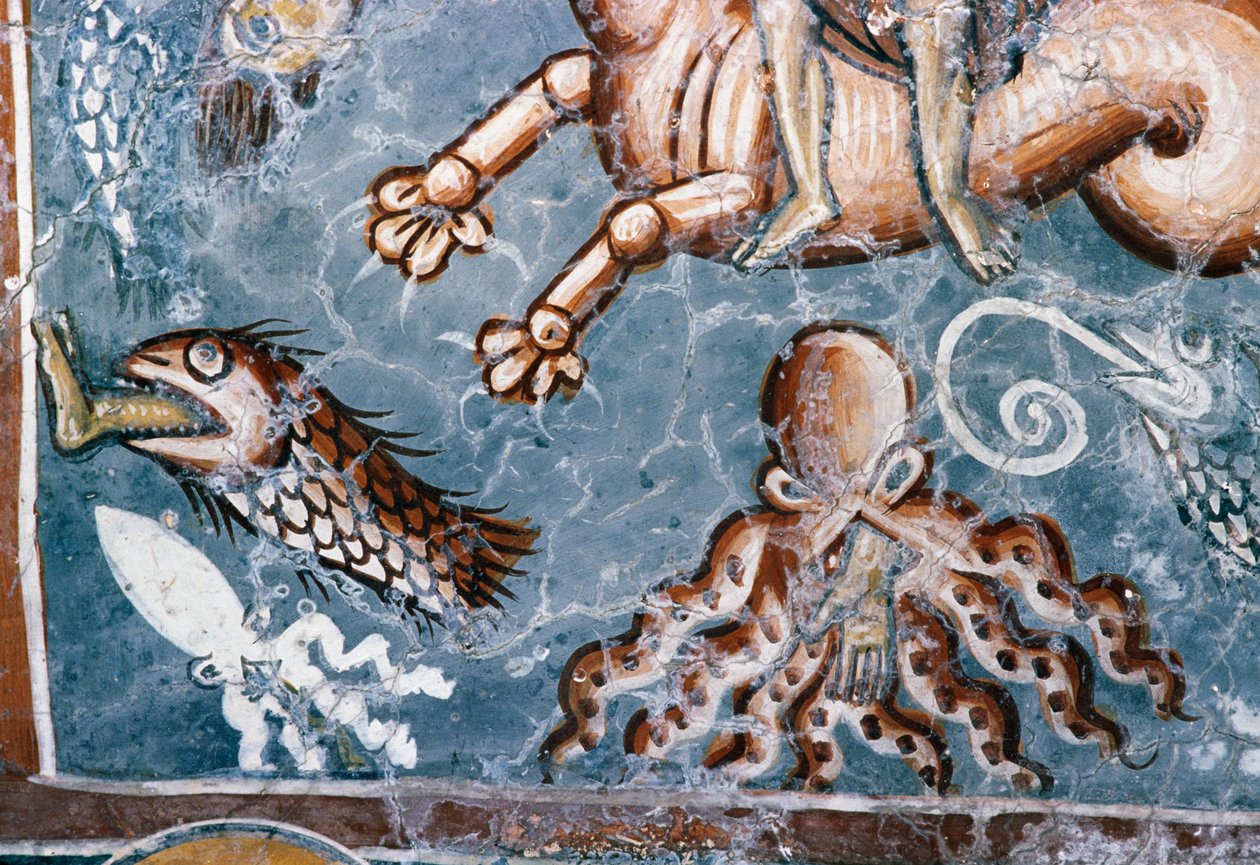 Criaturas do mar, detalhe do fresco na Igreja de Agios Georgios, Mourne, Creta, Grécia (foto) de J.B. and Brown J. Rowbotham