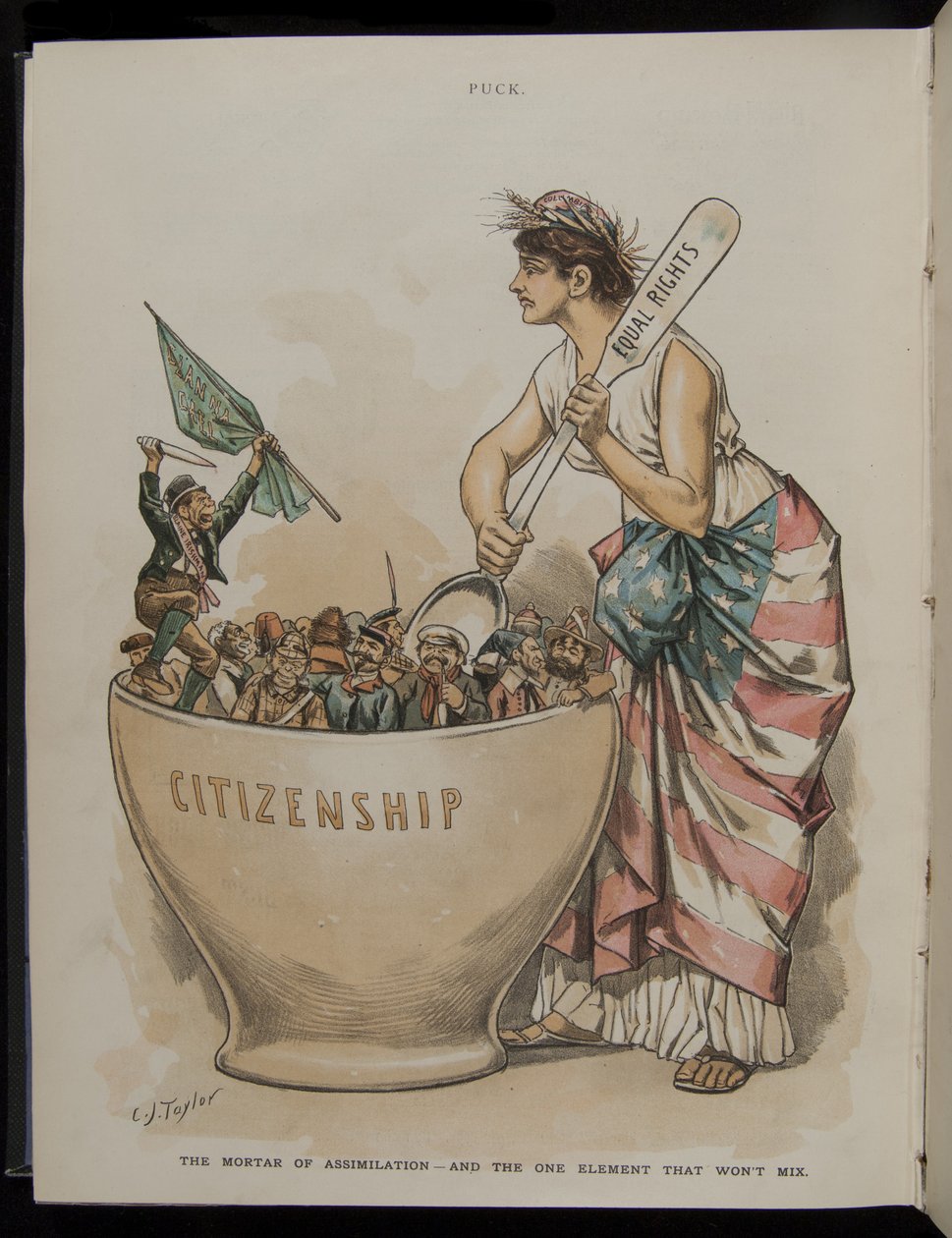 O Argamassa da Assimilação - E o Elemento que Não Vai Misturar, ilustração de Puck Magazine, 26 de junho de 1889 de C.J. Taylor