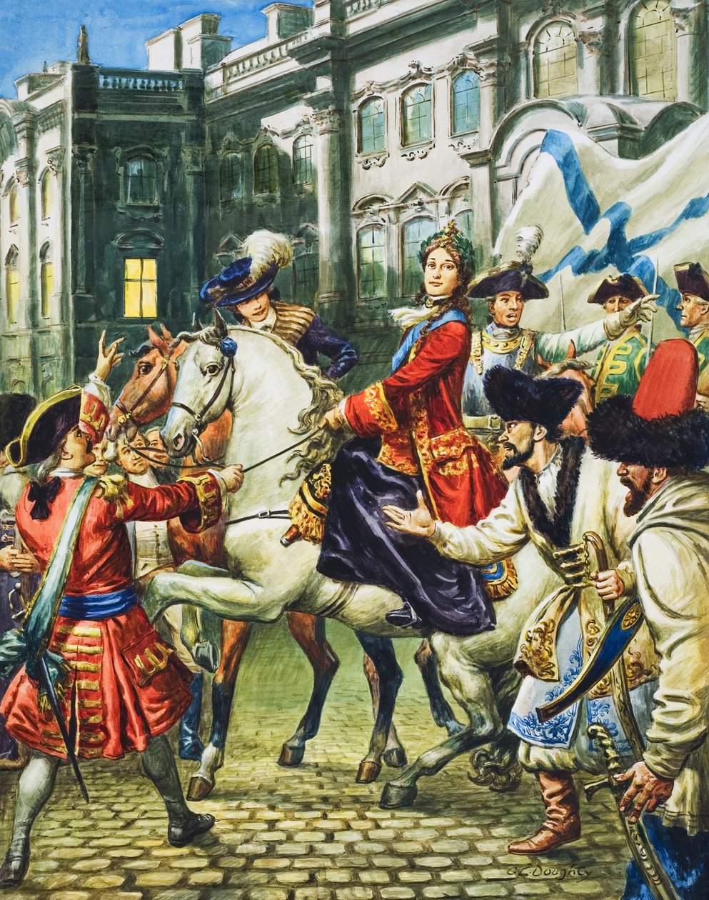 Catarina, a Grande (1729-96) torna-se imperatriz da Rússia após a prisão do seu marido, o czar Pedro (guache sobre papel) de C.L. Doughty