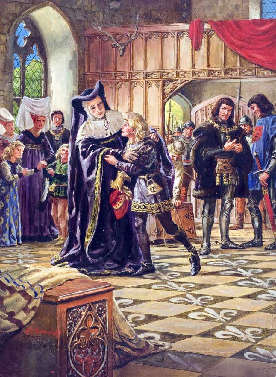 Entrega de Eduardo V (1470-83) ao Duque de Gloucester (1452-85) (guache sobre papel) de C.L. Doughty