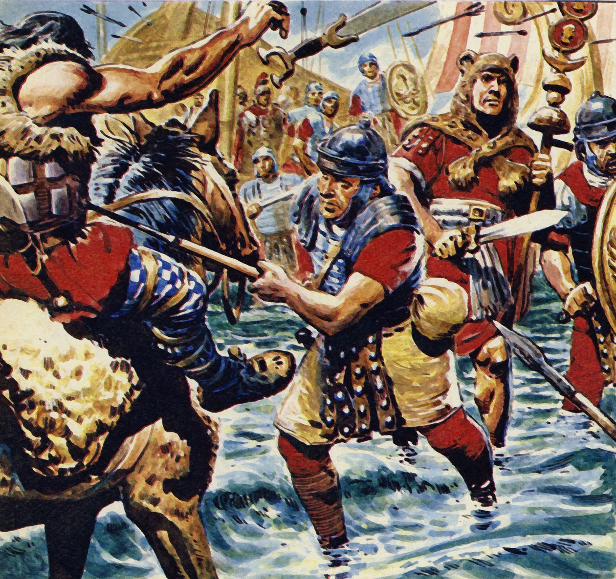 Animados pela bravura do porta-estandarte, as outras legiões romanas ganharam coragem (litografia a cores) de C.L. Doughty