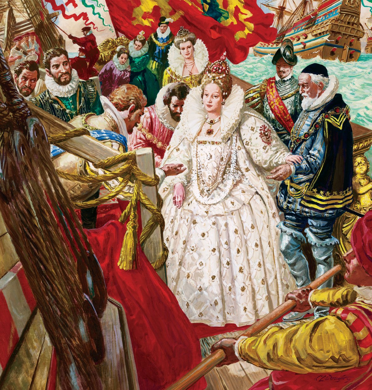 Desembarque da Rainha Isabel I (1530-1603), auxiliada por Sir Walter Raleigh (1554-1618) (guache sobre papel) de C.L. Doughty