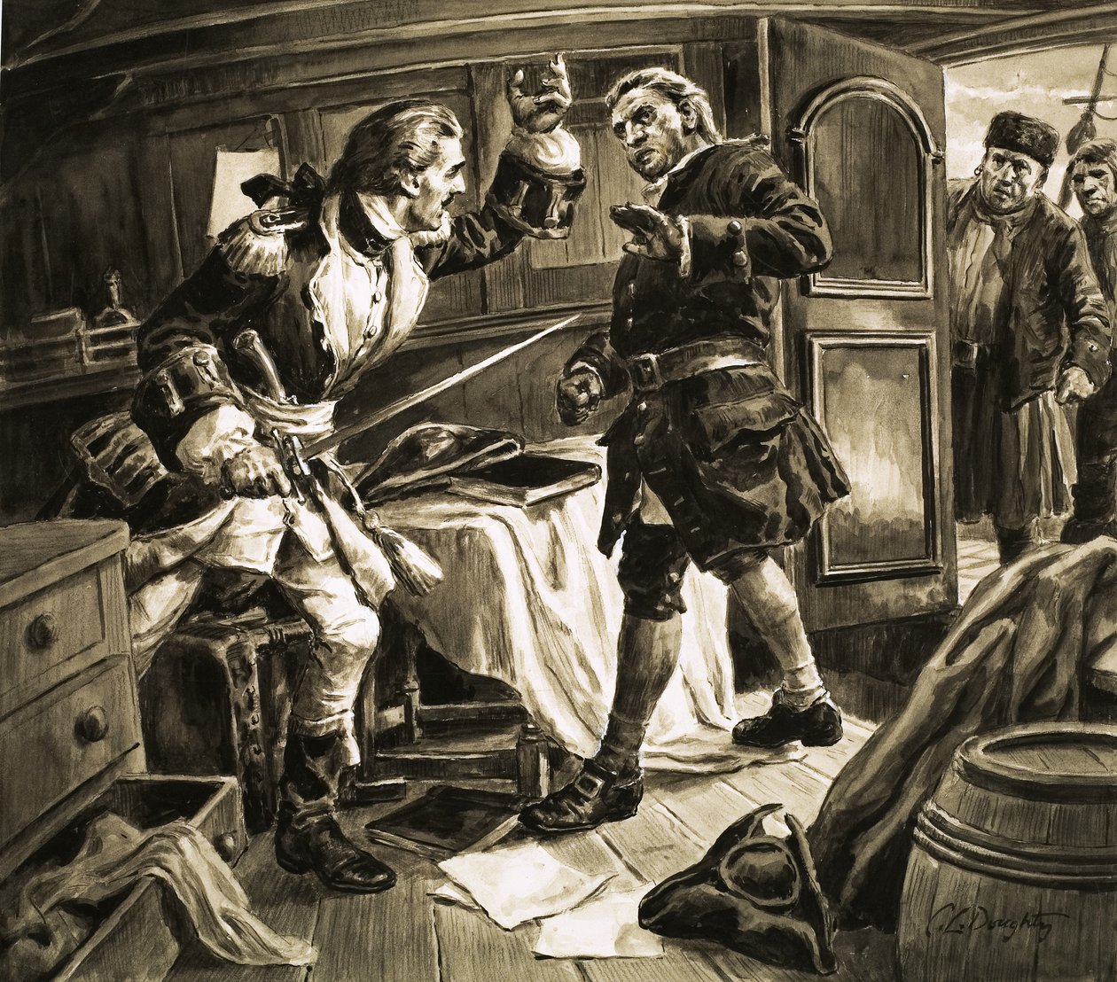 "De espada em punho, o capitão da guarda costeira espanhola atacou o capitão Jenkins. de C.L. Doughty