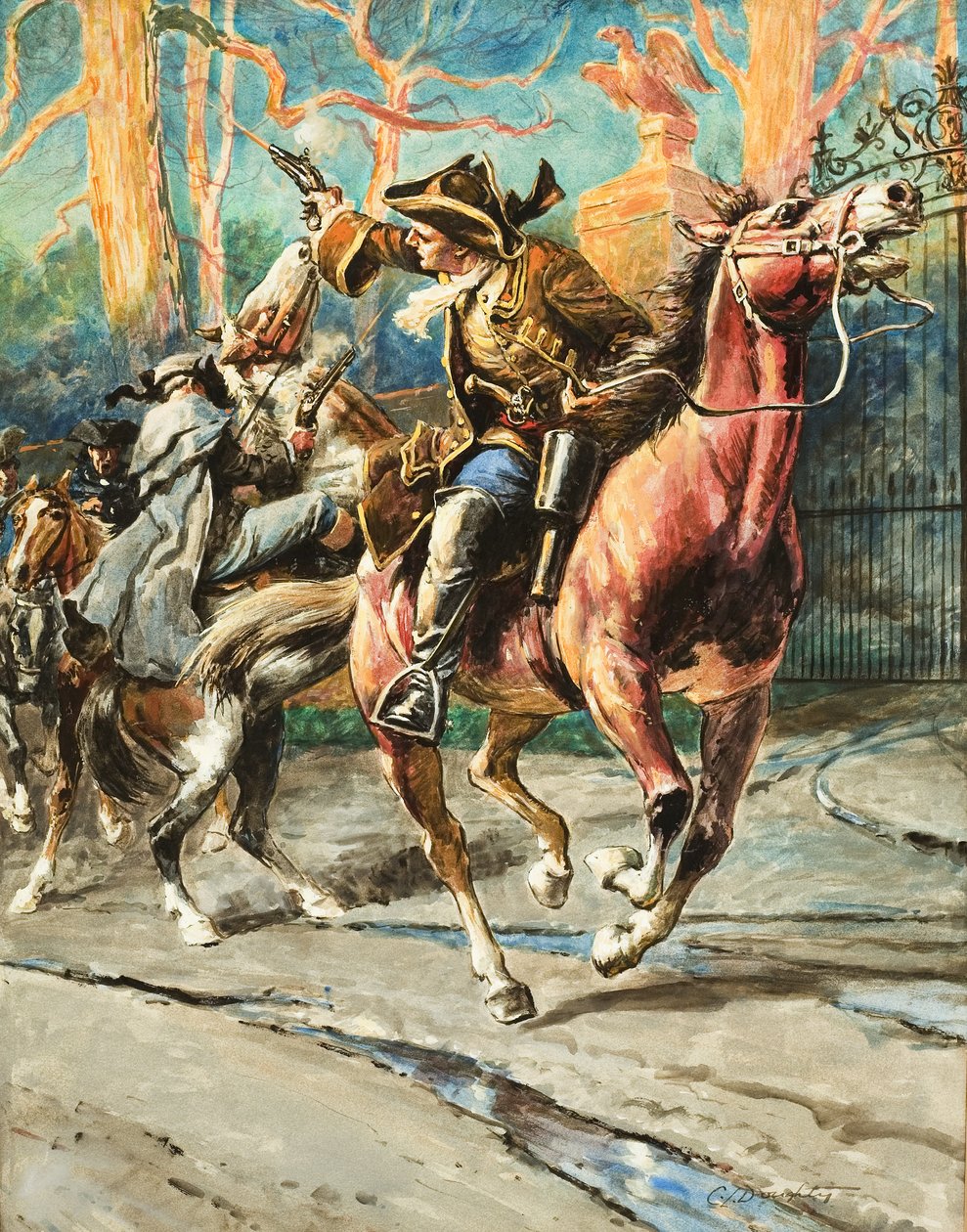 The Exploits of a Highwayman (guache sobre papel) Depois de cada um dos seus assaltos, William Page parecia ser capaz de se safar - até à próxima das suas ousadas escapadelas; a sua série de sucessos foi interrompida numa tentativa de assalto na Great Nort de C.L. Doughty