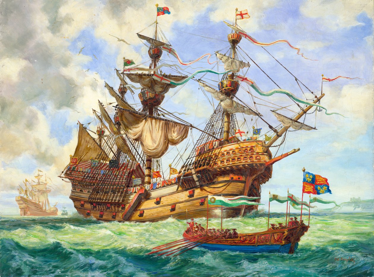 O Great Harry, navio almirante da frota do rei Henrique, com muitos dos seus 251 canhões (guache sobre papel) de C.L. Doughty