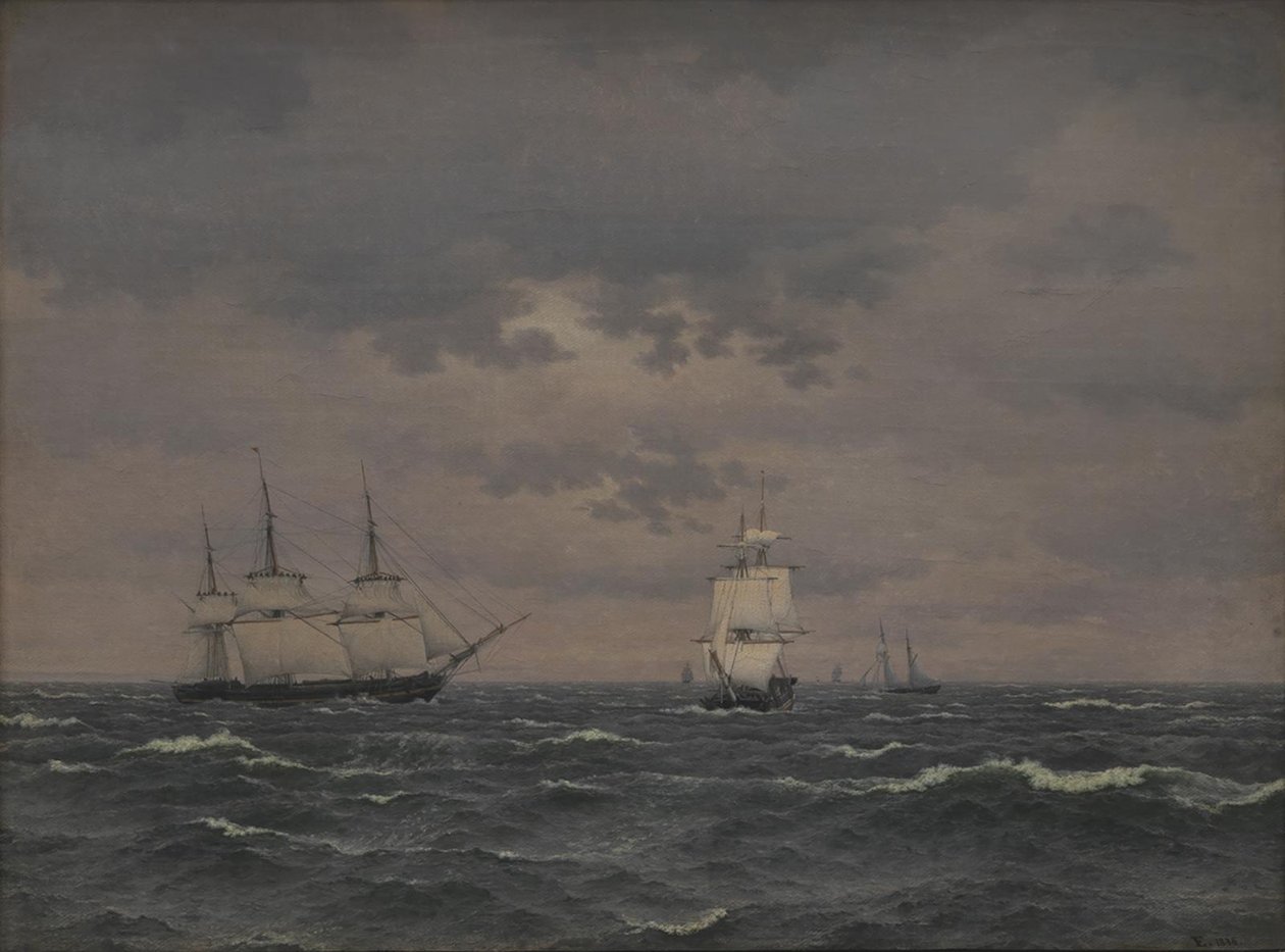 Um Corvette Reefing navega em um vento refrescante e alguns outros navios de Christoffer Wilhelm Eckersberg
