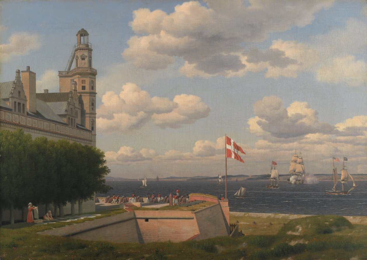 Uma vista para a costa sueca das muralhas do castelo de Kronborg de Christoffer Wilhelm Eckersberg