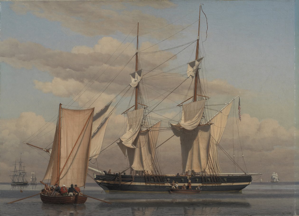 Um brigue naval americano deitado na âncora enquanto suas velas estão secando de Christoffer Wilhelm Eckersberg