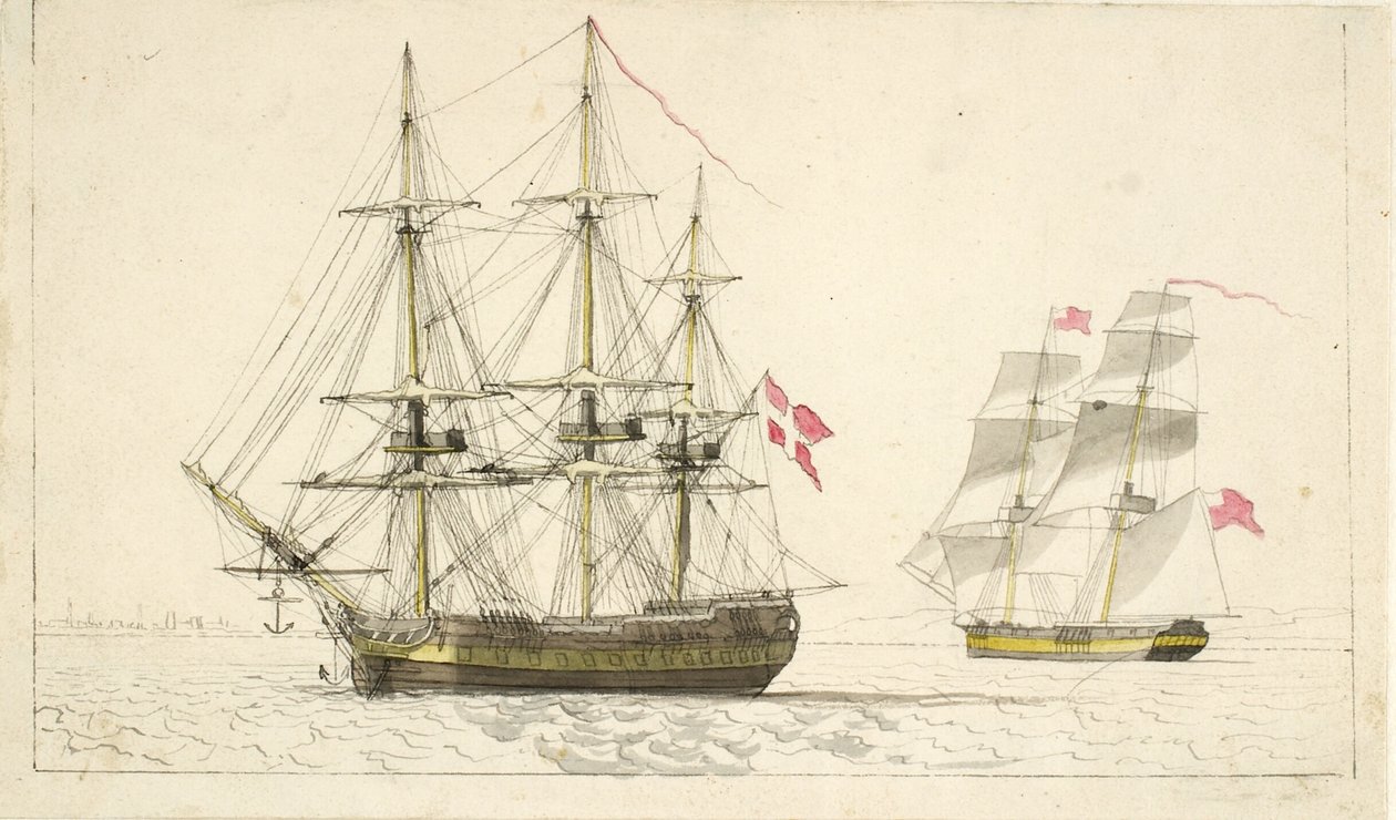 Uma fragata dinamarquesa ancorada e um brigue inglês a vela de Christoffer Wilhelm Eckersberg