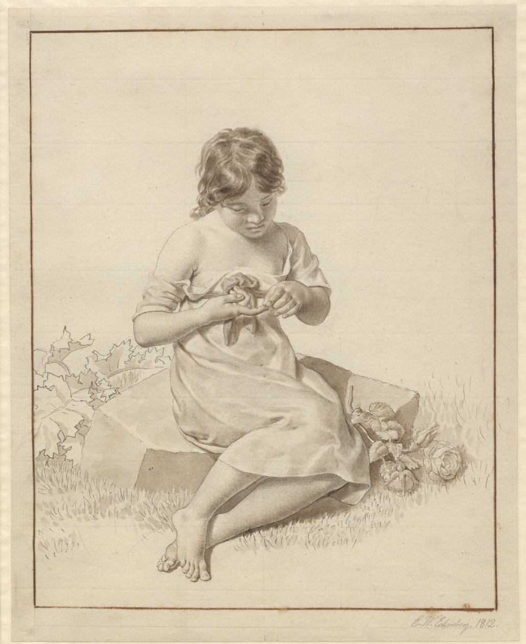 Uma garotinha que enfiou o dedo em um espinho de rosa de Christoffer Wilhelm Eckersberg