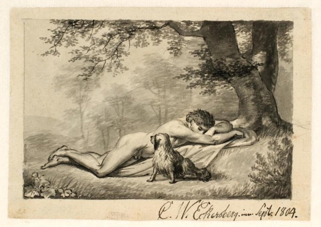Um jovem nu adormecido ao pé de uma árvore, ao seu lado um cachorro de Christoffer Wilhelm Eckersberg