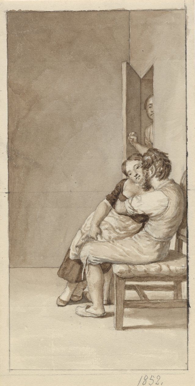 Um casal é observado por uma mulher em uma porta entreaberta de Christoffer Wilhelm Eckersberg