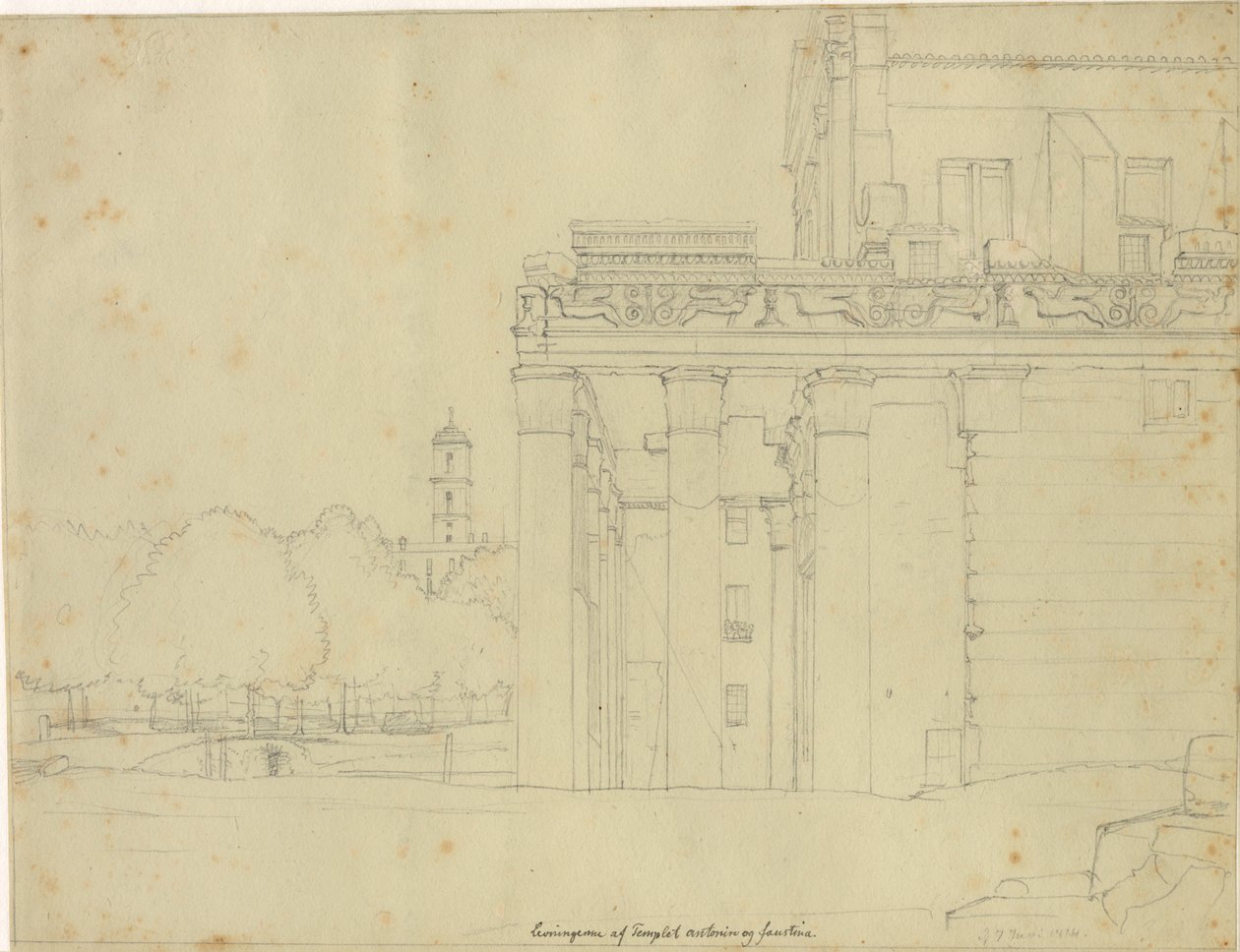 Uma parte da Via Sacra, no Fórum Romano com o Templo de Antonius e Faustina e vista para o Campidoglio, Roma de Christoffer Wilhelm Eckersberg