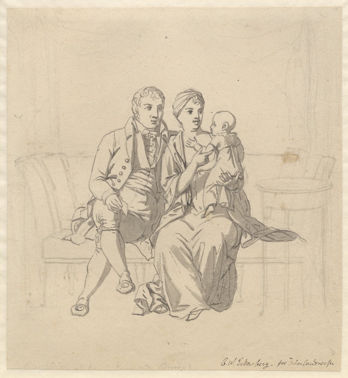 Um jovem casal sentado em um sofá, ela com uma criança no braço de Christoffer Wilhelm Eckersberg