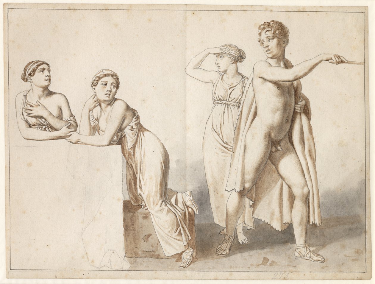 Quatro figuras de estúdio, três femininas e um masculino em trajes antigos. de Christoffer Wilhelm Eckersberg
