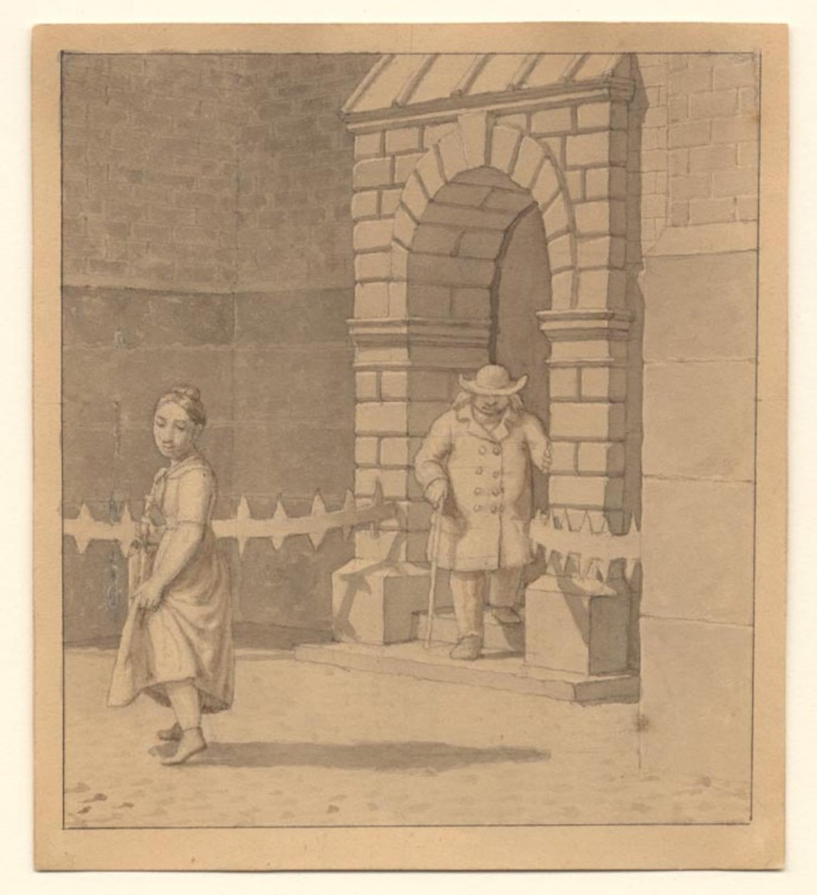 Foto de rua com uma jovem levantando um pouco o vestido; ao fundo um homem idoso com uma bengala de Christoffer Wilhelm Eckersberg