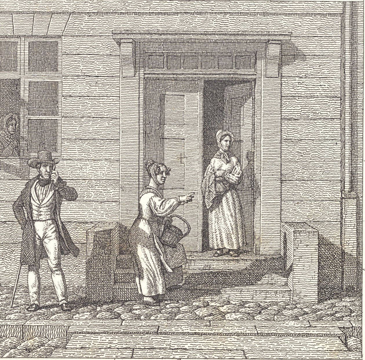 Cena de rua, duas garotas, um homem e uma mulher procurando algo de Christoffer Wilhelm Eckersberg