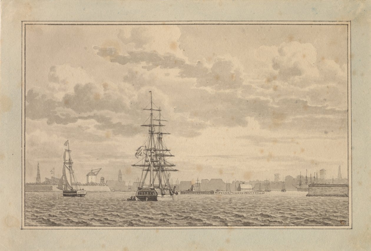 Copenhaga vista de Yderhavnen com um brigue ancorado e uma chalupa à vela. de Christoffer Wilhelm Eckersberg