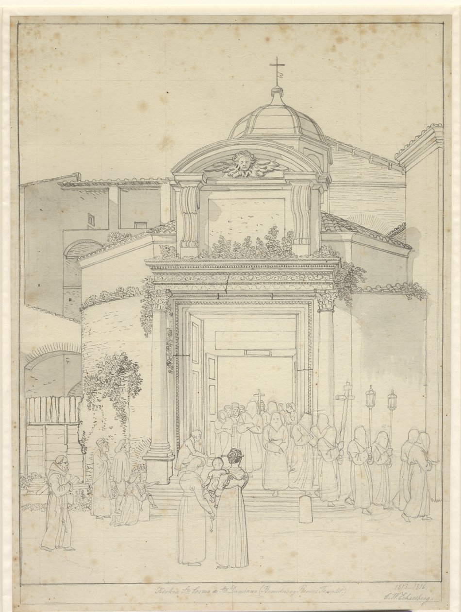 A igreja fica. Cosmos e Sta. Damians (Romolus e Remus Temple) com monges em procissão saindo da porta da igreja. de Christoffer Wilhelm Eckersberg