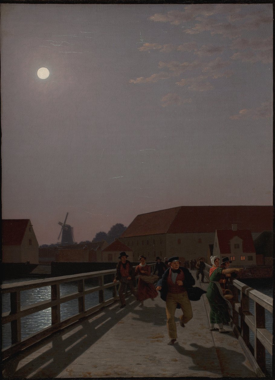 Langebro, Copenhague, ao luar com figuras correndo de Christoffer Wilhelm Eckersberg