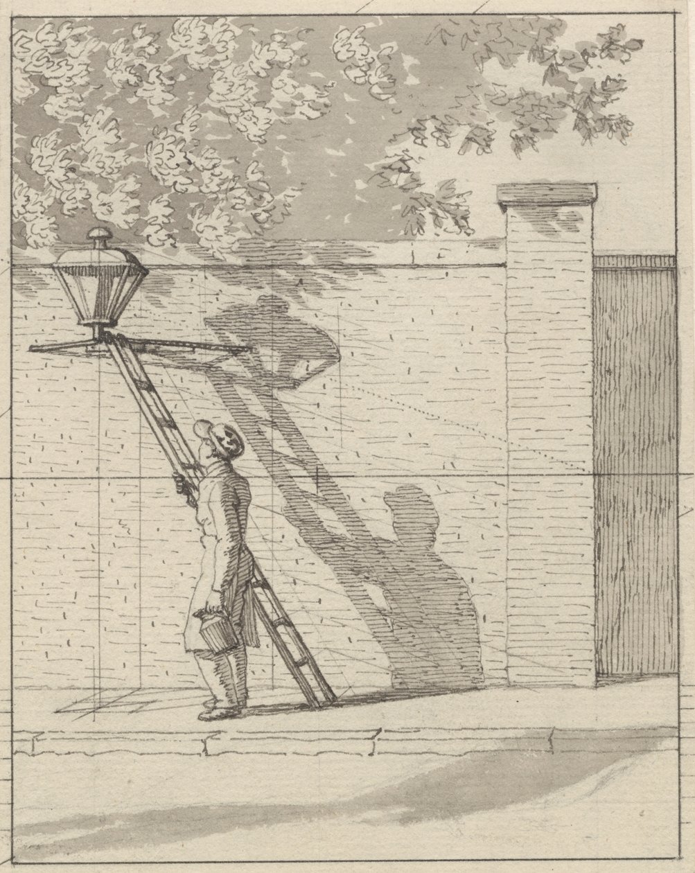 Perspectiva Linear Aplicada à Pintura - Placa VI. A lâmpada de rua na parede do jardim, luz do dia de Christoffer Wilhelm Eckersberg
