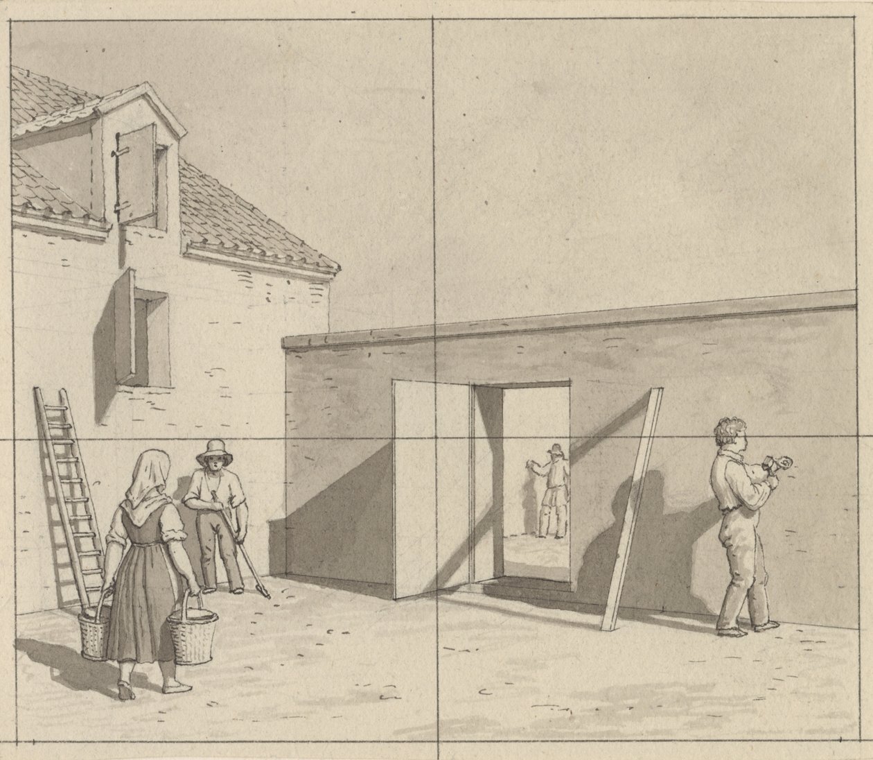 Perspectiva linear, aplicada à arte da pintura - rascunho de ilustração não utilizada - pátio dinamarquês com quatro agricultores e artesãos. de Christoffer Wilhelm Eckersberg