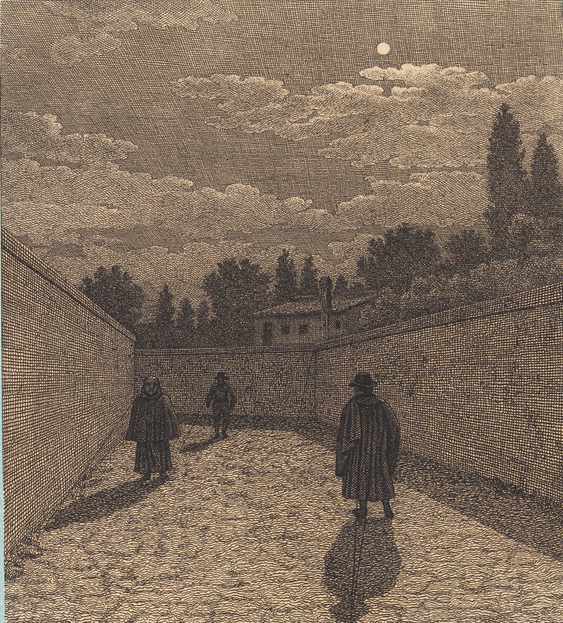 Luar sobre uma estrada com três figuras. Ilustração para "Perspectiva linear", Placa IV de Christoffer Wilhelm Eckersberg