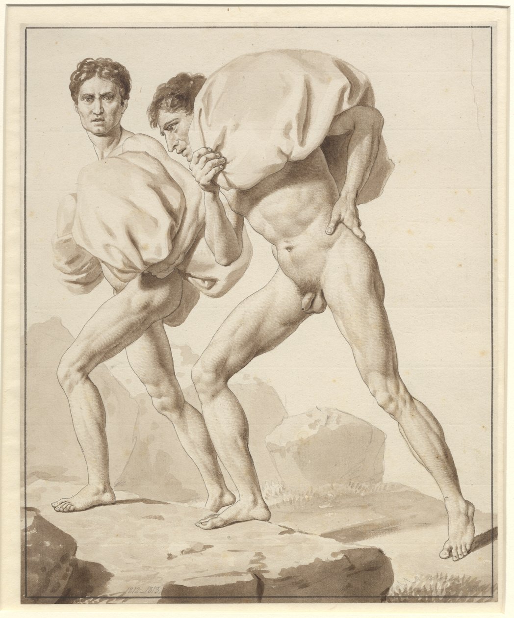 Moisés divide as águas e o exército do faraó é engolido - estudo para dois israelitas caminhando, carregados de bagagem de Christoffer Wilhelm Eckersberg