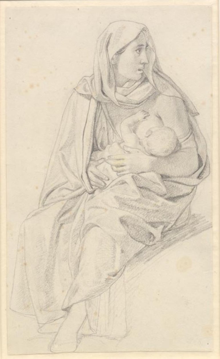 Moisés divide as águas e o exército do faraó é engolido - estudo para uma mãe israelita e seu filho de Christoffer Wilhelm Eckersberg