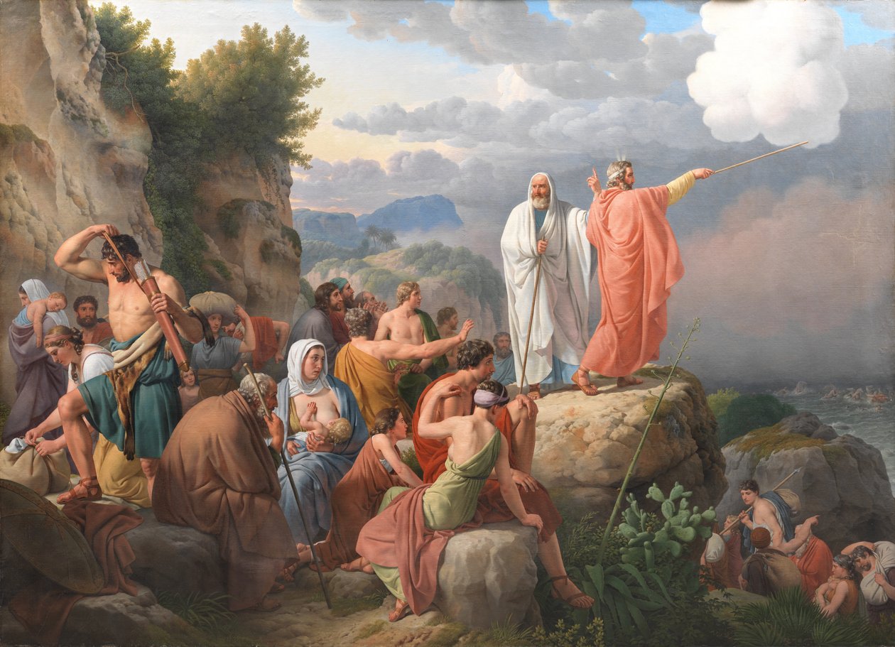 Moisés faz com que o Mar Vermelho volte e o exército de Faraó seja inundado de Christoffer Wilhelm Eckersberg