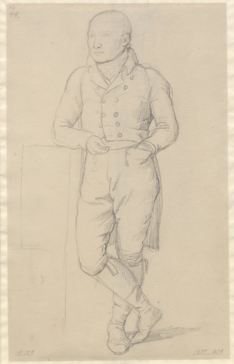 Retrato de um homem em pé, pernas cruzadas, encostado em um sofá de Christoffer Wilhelm Eckersberg