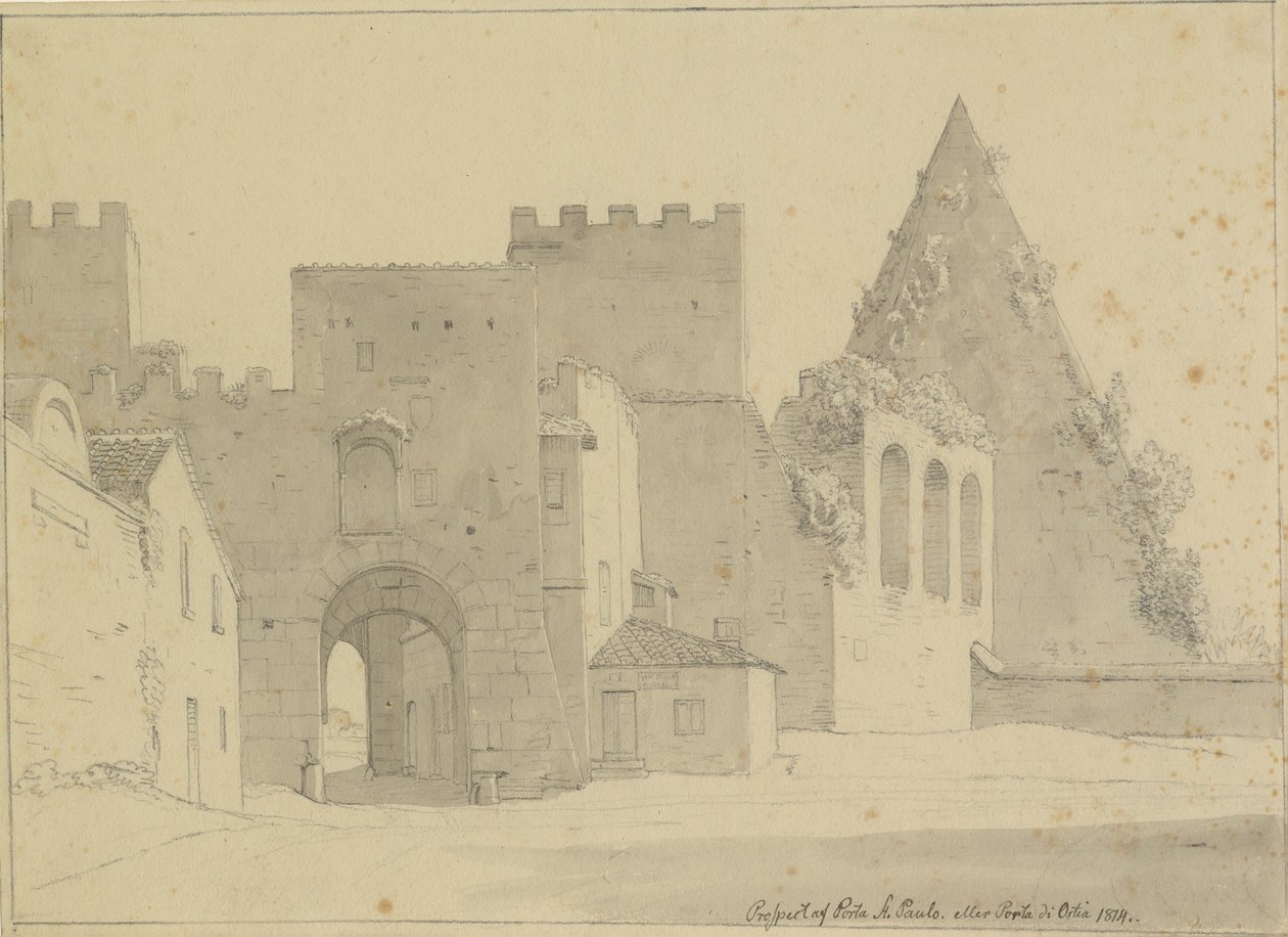 Perspectiva de Porta S.Paolo e Piramide di Caio Cestio visto do lado da cidade, Roma. de Christoffer Wilhelm Eckersberg