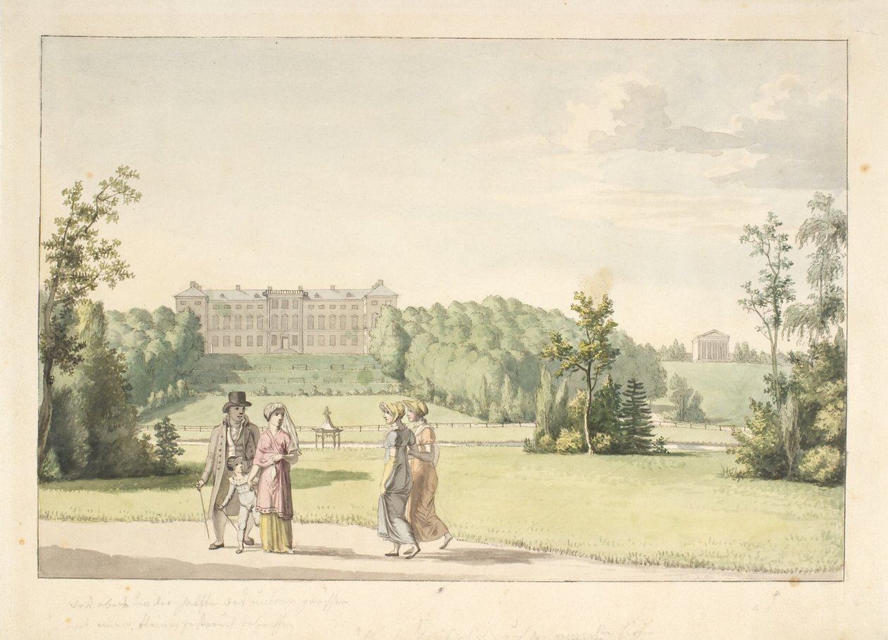 Perspectiva do jardim Frederiksberg pelo castelo e o Templo de Apis de Christoffer Wilhelm Eckersberg
