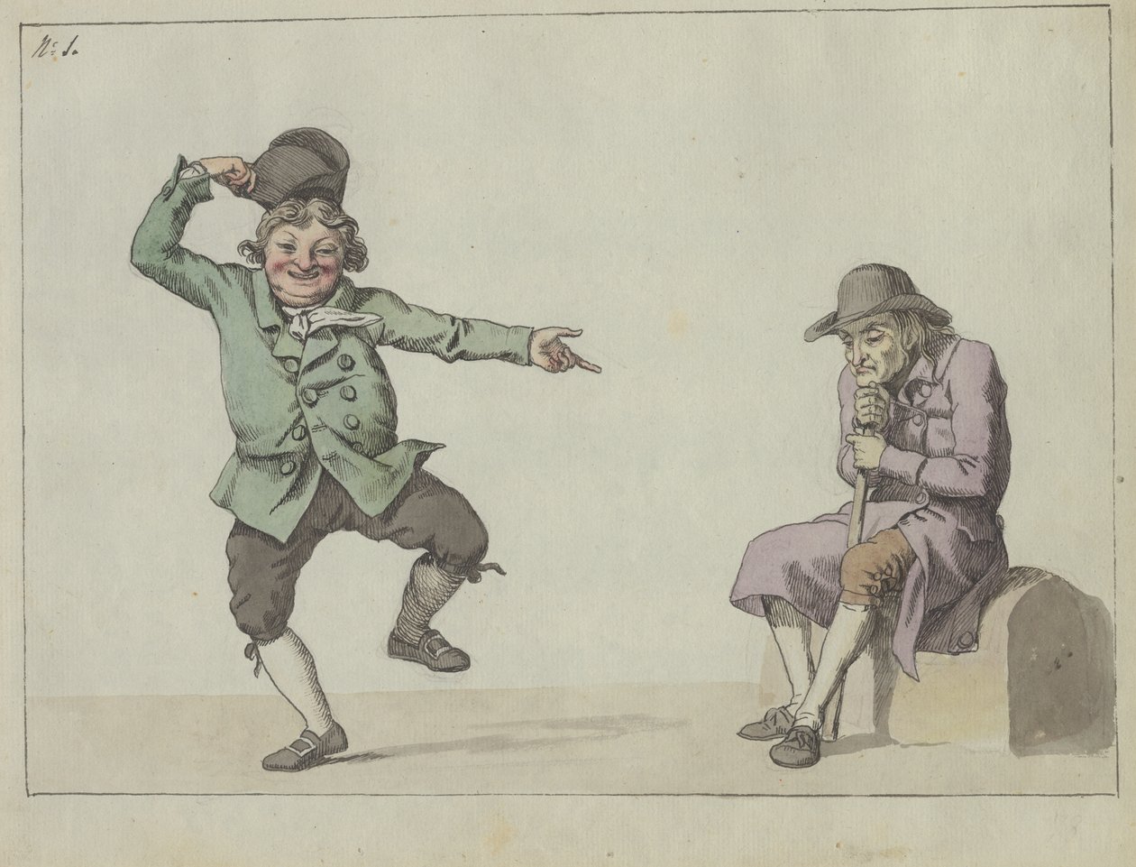 Revista satírica; um homem pula e ri enquanto aponta para um velho sentado de Christoffer Wilhelm Eckersberg