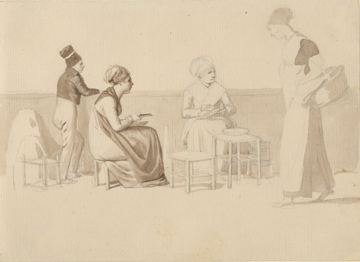 Cena de uma fazenda ou cais em Paris. Quatro figuras sentadas, em pé e andando. de Christoffer Wilhelm Eckersberg