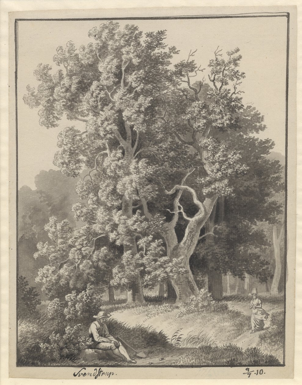Woodland em Svendstrup com algumas figuras, na frente um homem sentado com uma pá de Christoffer Wilhelm Eckersberg