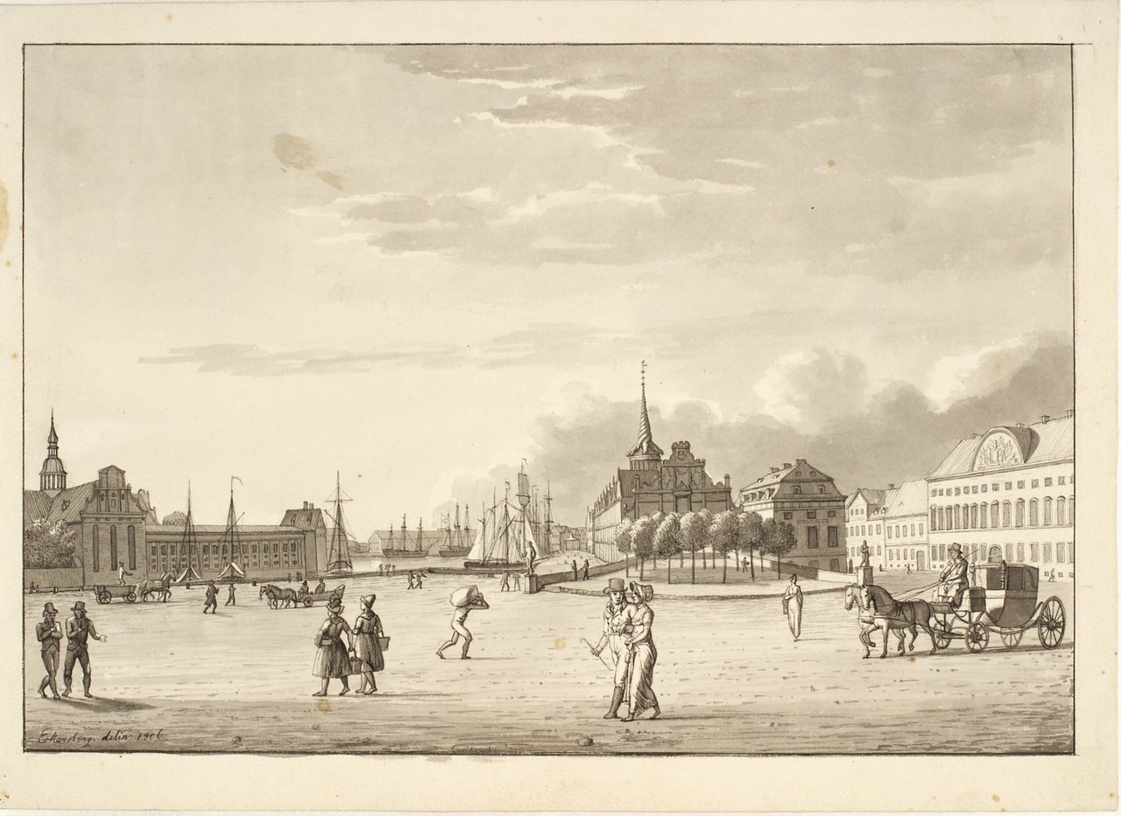 A Praça do Castelo em Copenhague com a Igreja de Holmen, Børsen, o banco agora desaparecido e o edifício da chancelaria ("O Edifício Vermelho") de Christoffer Wilhelm Eckersberg
