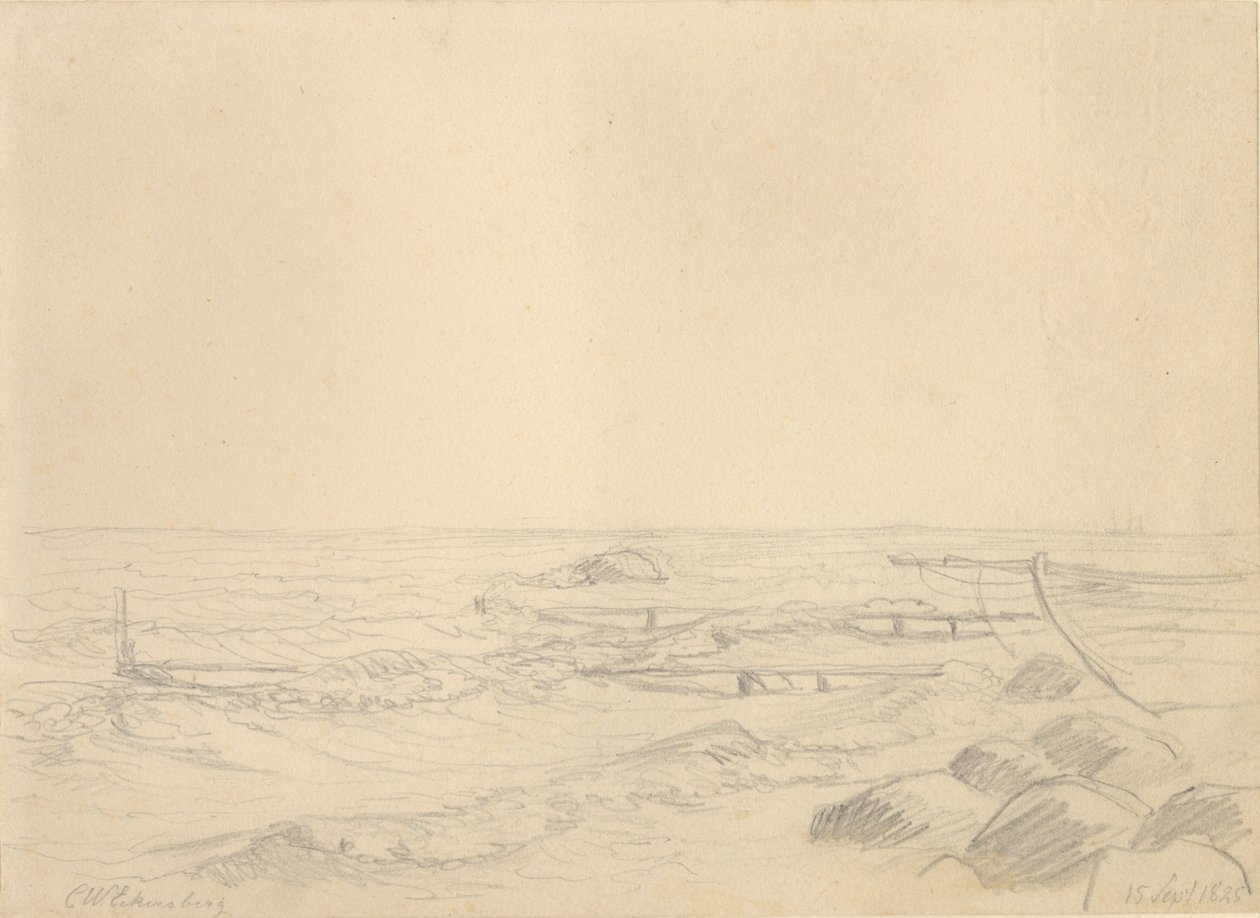 Área de praia com ondas batendo contra rochas e um cais. de Christoffer Wilhelm Eckersberg