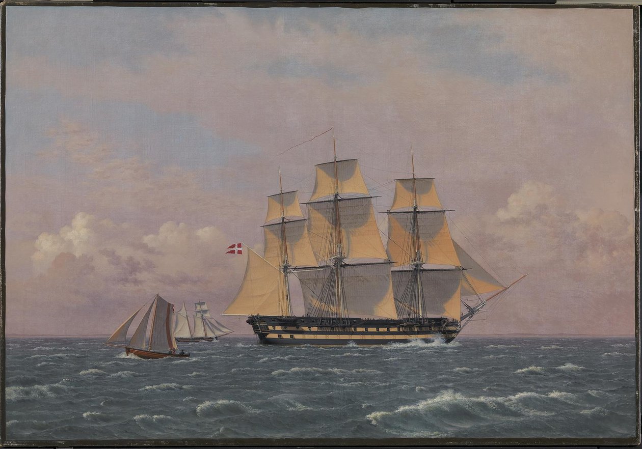 O navio de guerra dinamarquês de 84 armas "Dronning Marie" no som de Christoffer Wilhelm Eckersberg