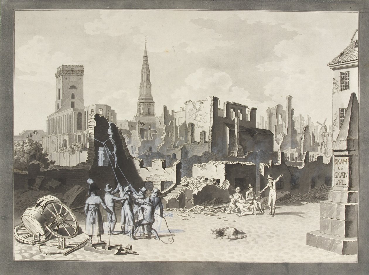 Praça do Ulfeldt, agora chamado Gråbrødertorv, após o bombardeio britânico em setembro de 1807 de Christoffer Wilhelm Eckersberg