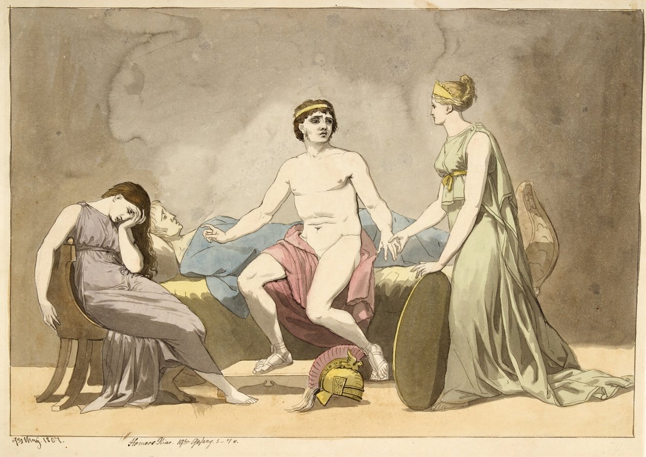 Tétis traz armas para Aquiles, que está de luto pelo cadáver de Pátroclo de Christoffer Wilhelm Eckersberg