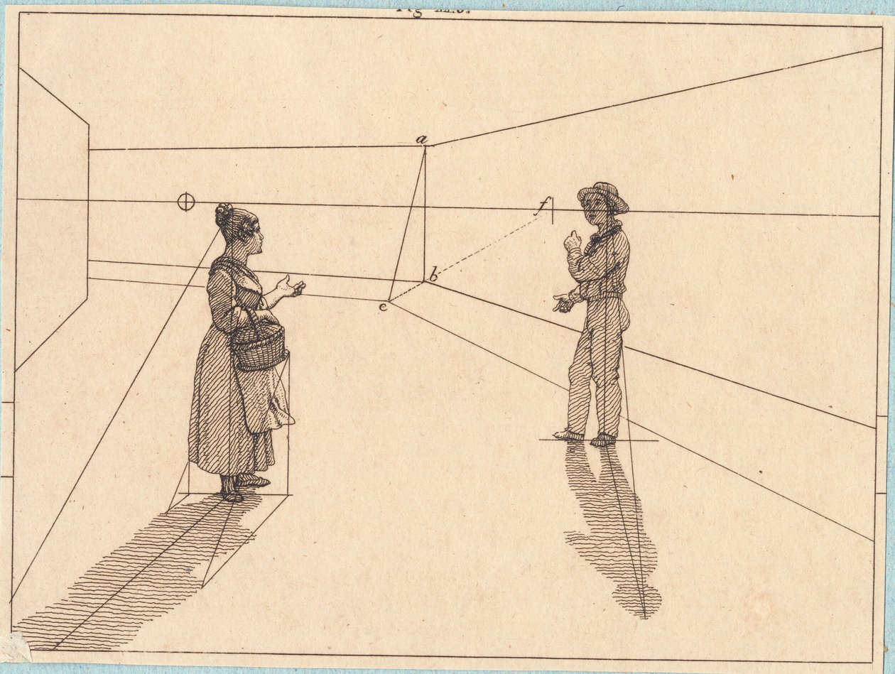 Duas figuras em uma construção geométrica. Ilustração para "Perspectiva linear", Placa IV de Christoffer Wilhelm Eckersberg