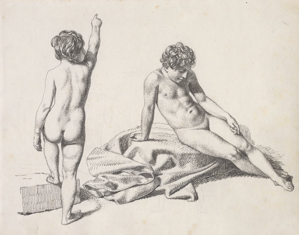 Duas meninas nuas, uma sentada vista de frente, a outra de pé vista de trás de Christoffer Wilhelm Eckersberg