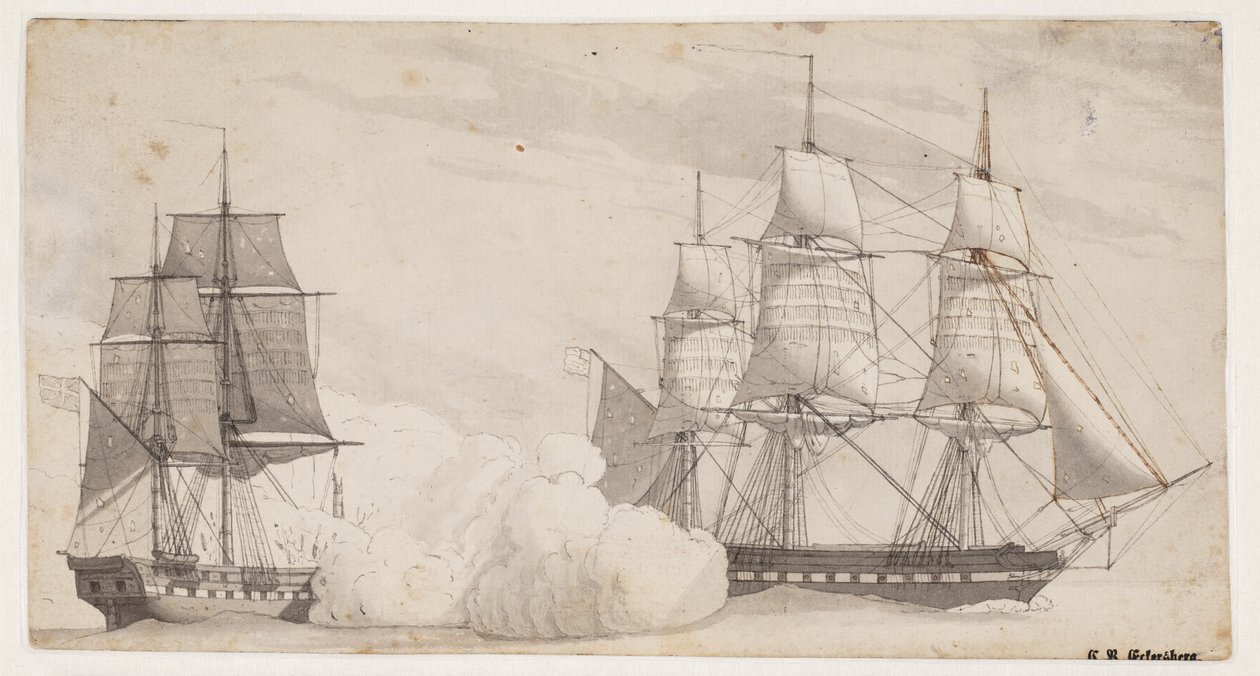 Dois navios de guerra em batalha (a fragata inglesa Shannon e a fragata americana Chesapeak?) de Christoffer Wilhelm Eckersberg