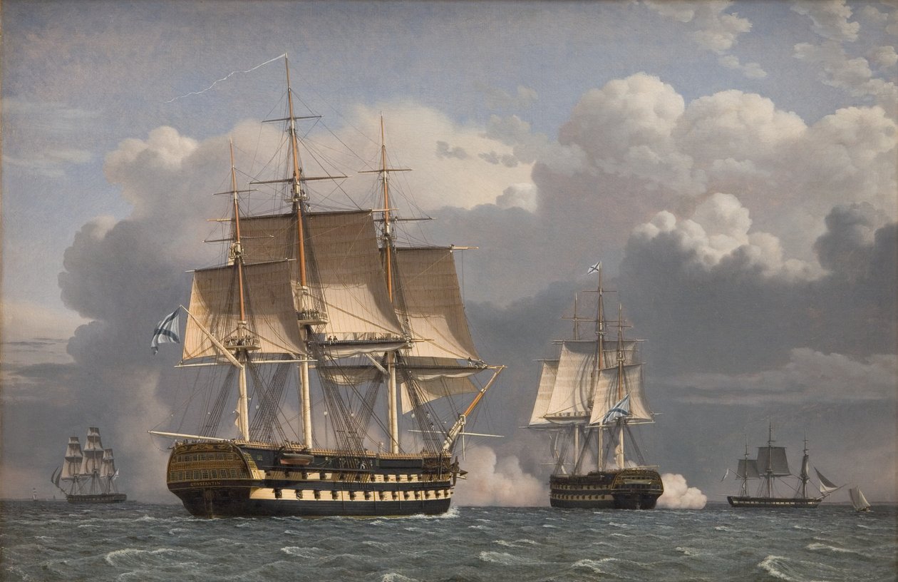 Dois navios russos da linha saudando de Christoffer Wilhelm Eckersberg