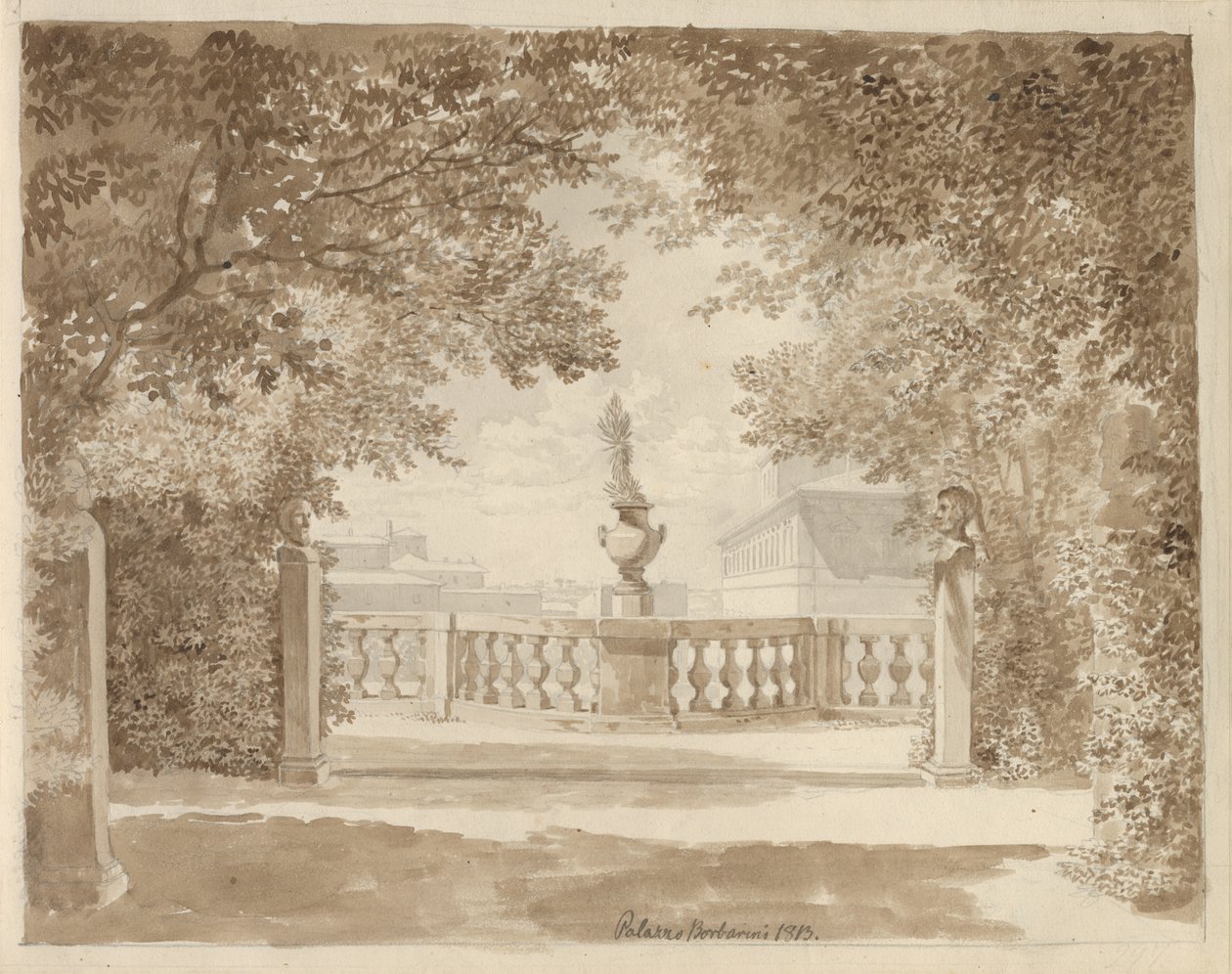 Vista do jardim do Palazzo Barberini em direção ao palácio e ao Quirinale, Roma de Christoffer Wilhelm Eckersberg