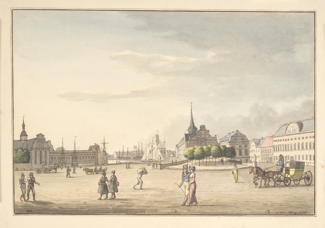 Vista de Slotspladsen para Børsen e o banco de Christoffer Wilhelm Eckersberg